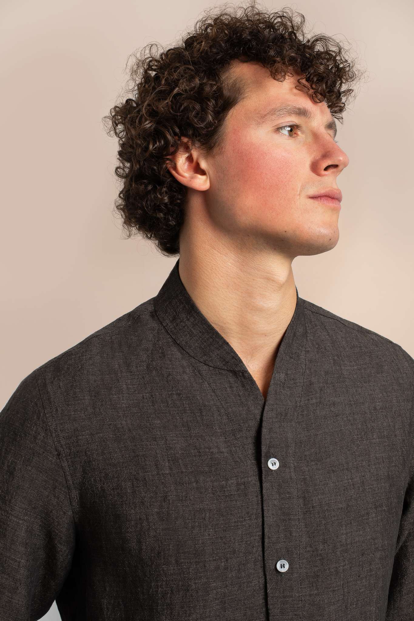 Mens Luxury - Brown Collarless Linen Shirt - Details