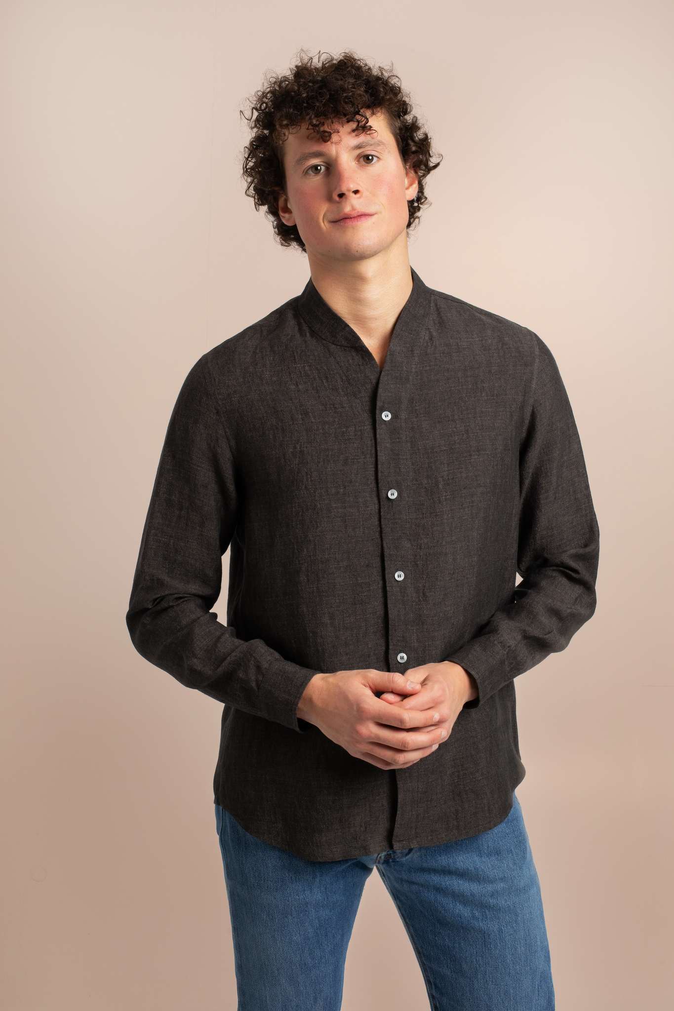 Mens Luxury - Brown Collarless Linen Shirt - Front View