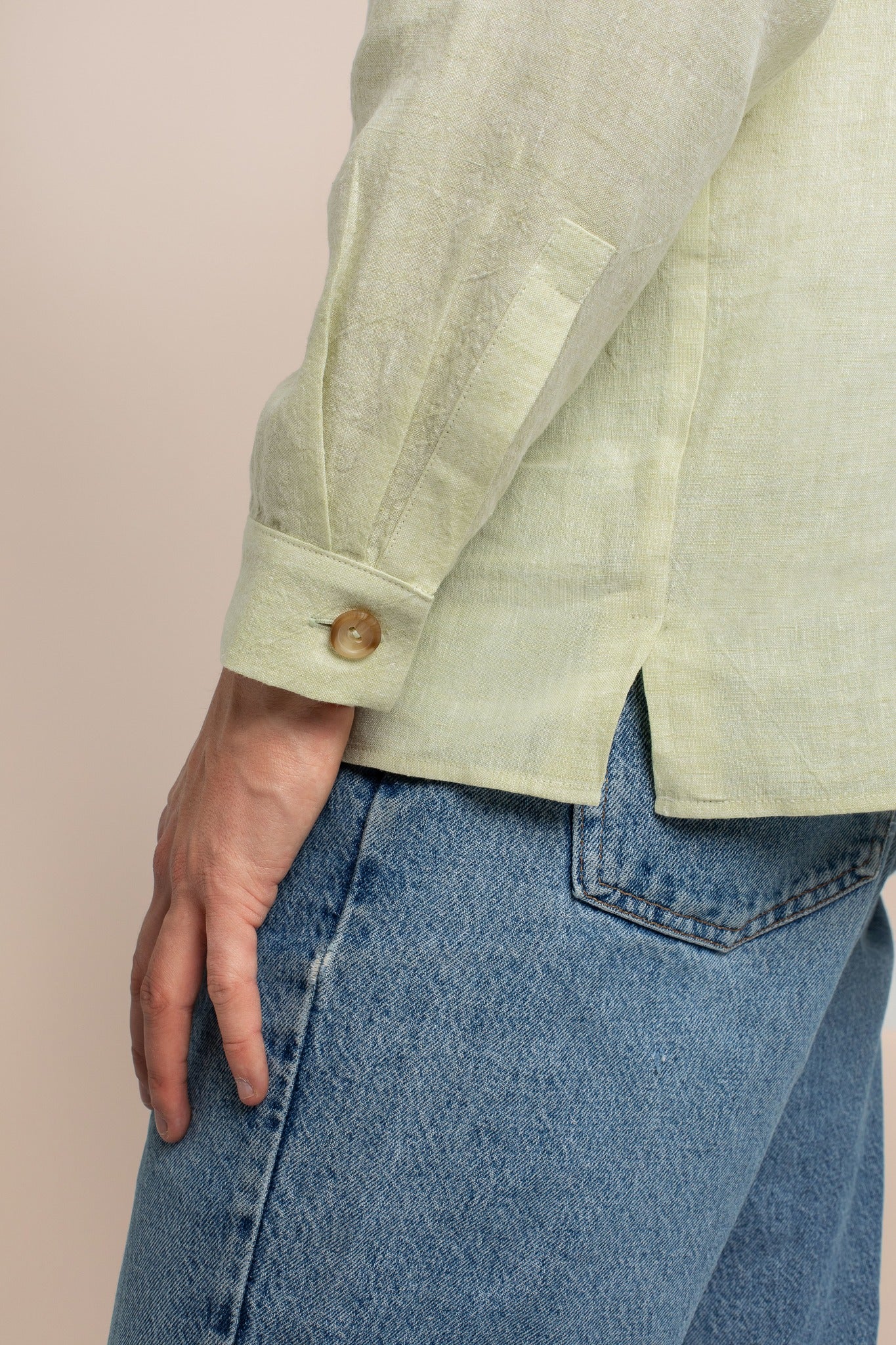 Green Mens Luxury Linen Vélos Overshirt - Cuff Details
