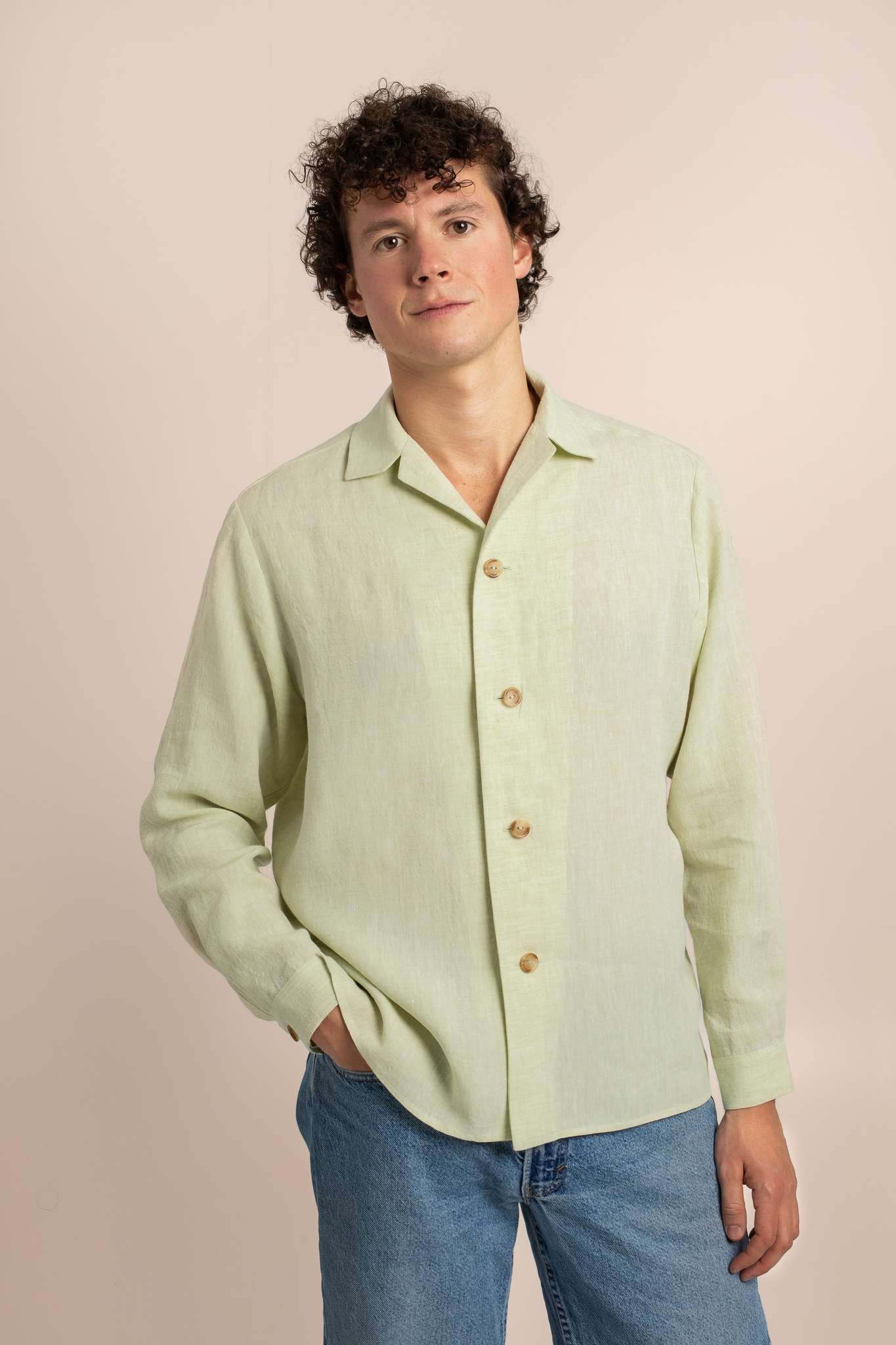Green Mens Luxury Linen Vélos Overshirt - Front View