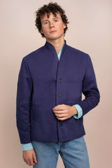 Mens Blue Elevato(Collarless) Jacket In Cotton - Front View