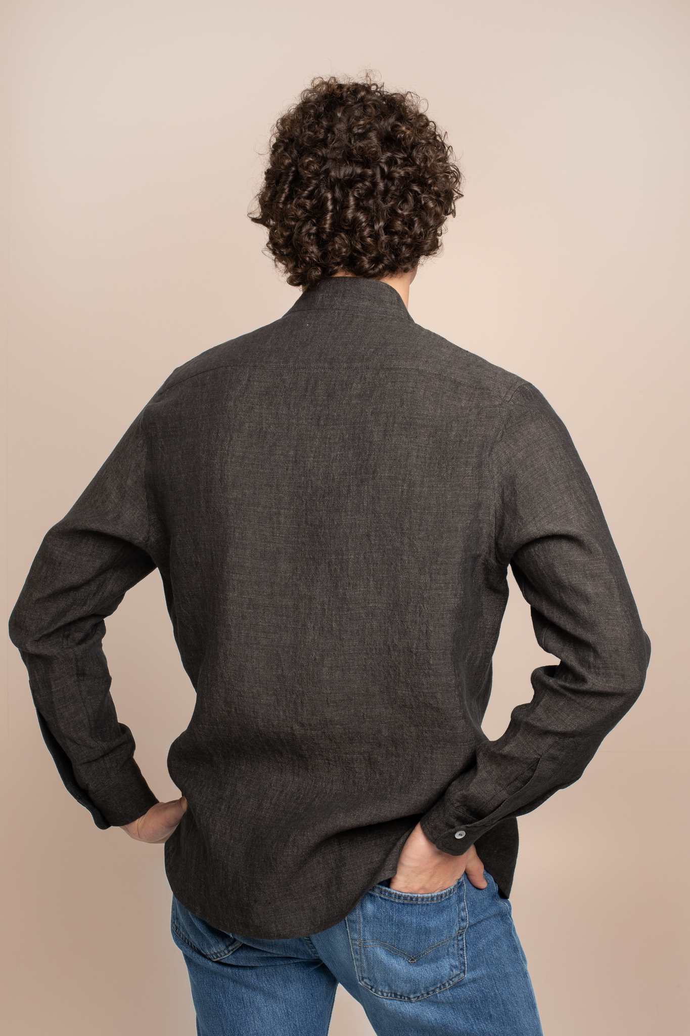 Mens Luxury - Brown Collarless Linen Shirt - Back View