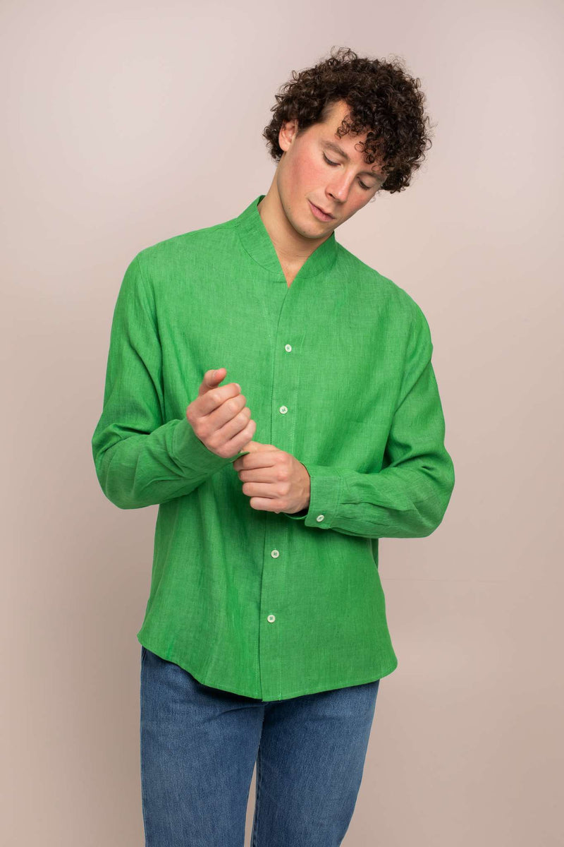 Front View Of Man Wearing Green Linen Shirt