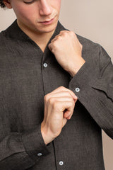 Mens Luxury - Brown Collarless Linen Shirt