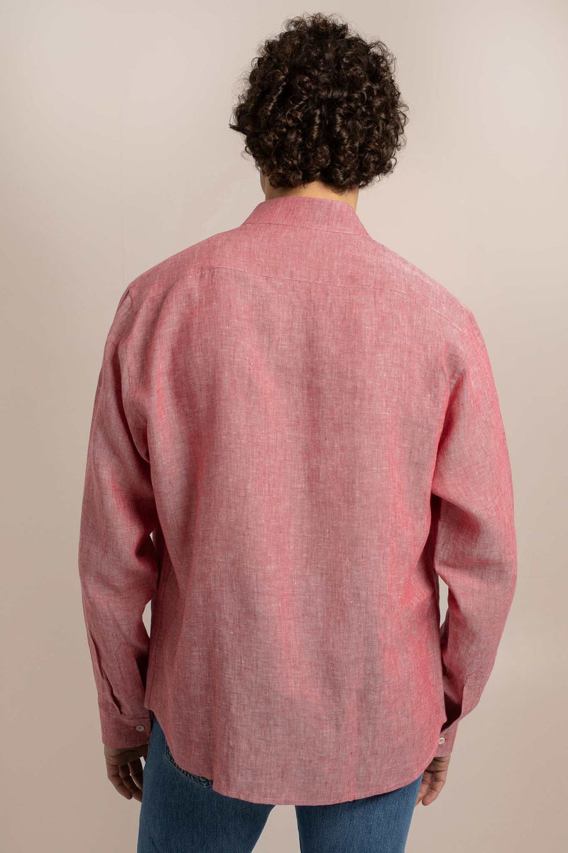 Back View Of Pink Linen Shirt With Coral Collar