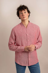 Front View Of Man Wearing Pink Linen Shirt With Coral Collar