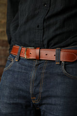 Model Wearing Luxury Detailed Leather Belt