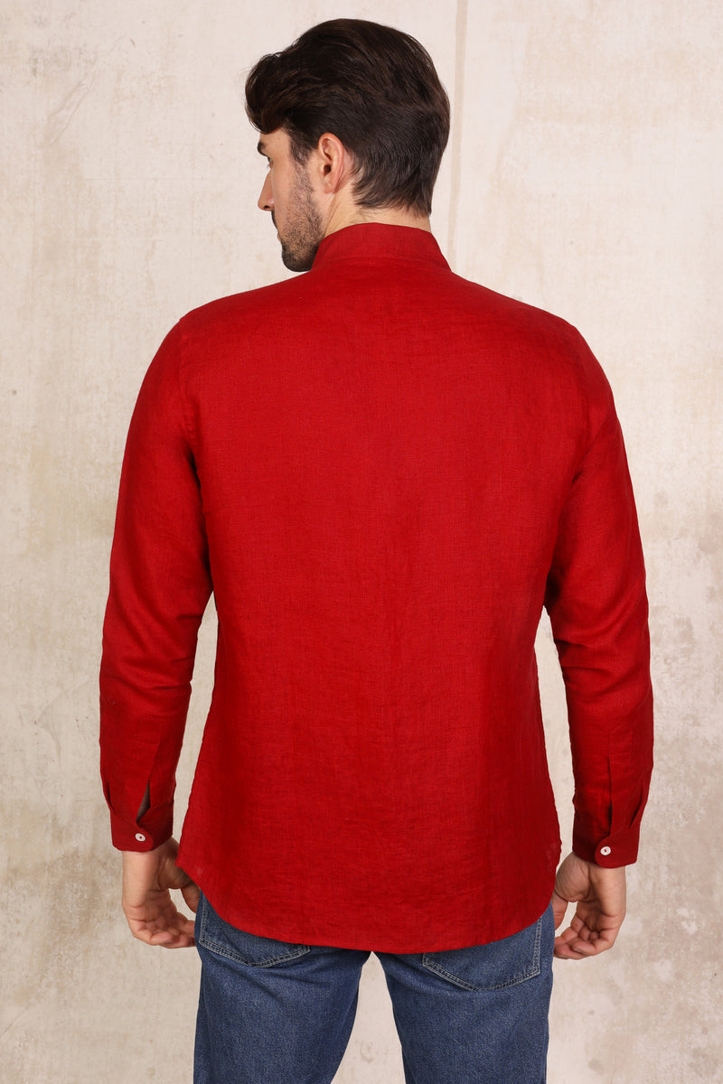 Back View Of A Man Wearing Dark Red Linen Shirt