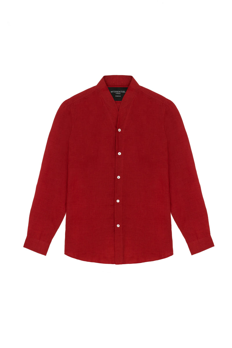 Dark Red Luxury Linen Shirt For Men With Coral Collar 