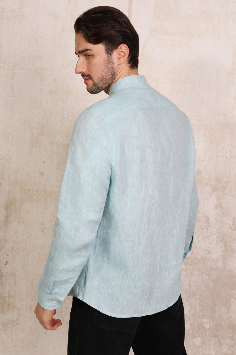 Back View Of Man Wearing Light Blue Coral Collar Linen Shirt