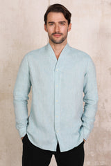 Front View Of Man Wearing Light Blue Coral Collar Linen Shirt