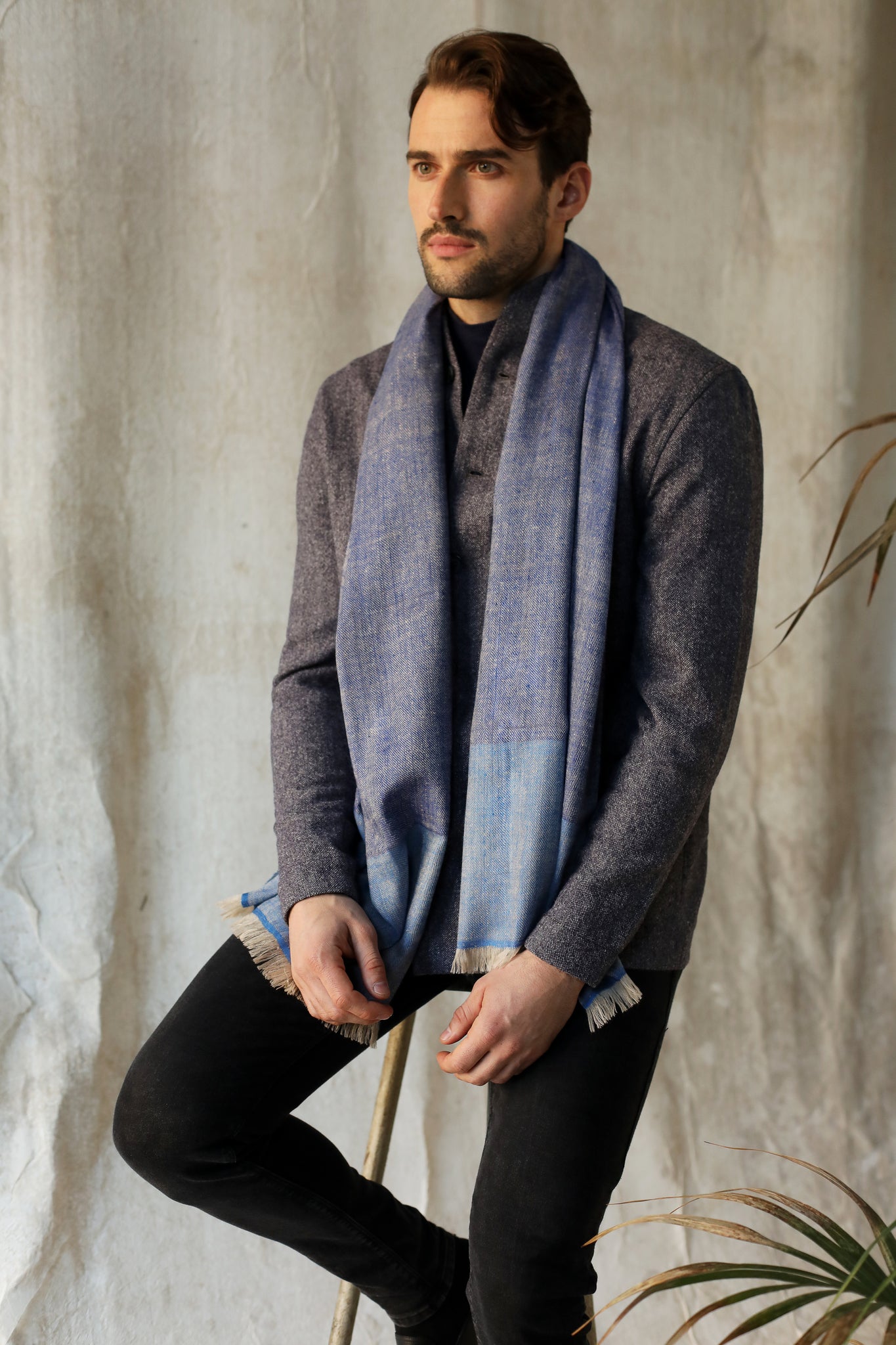 A Model Wearing Blue Pure Cashmere Scarf